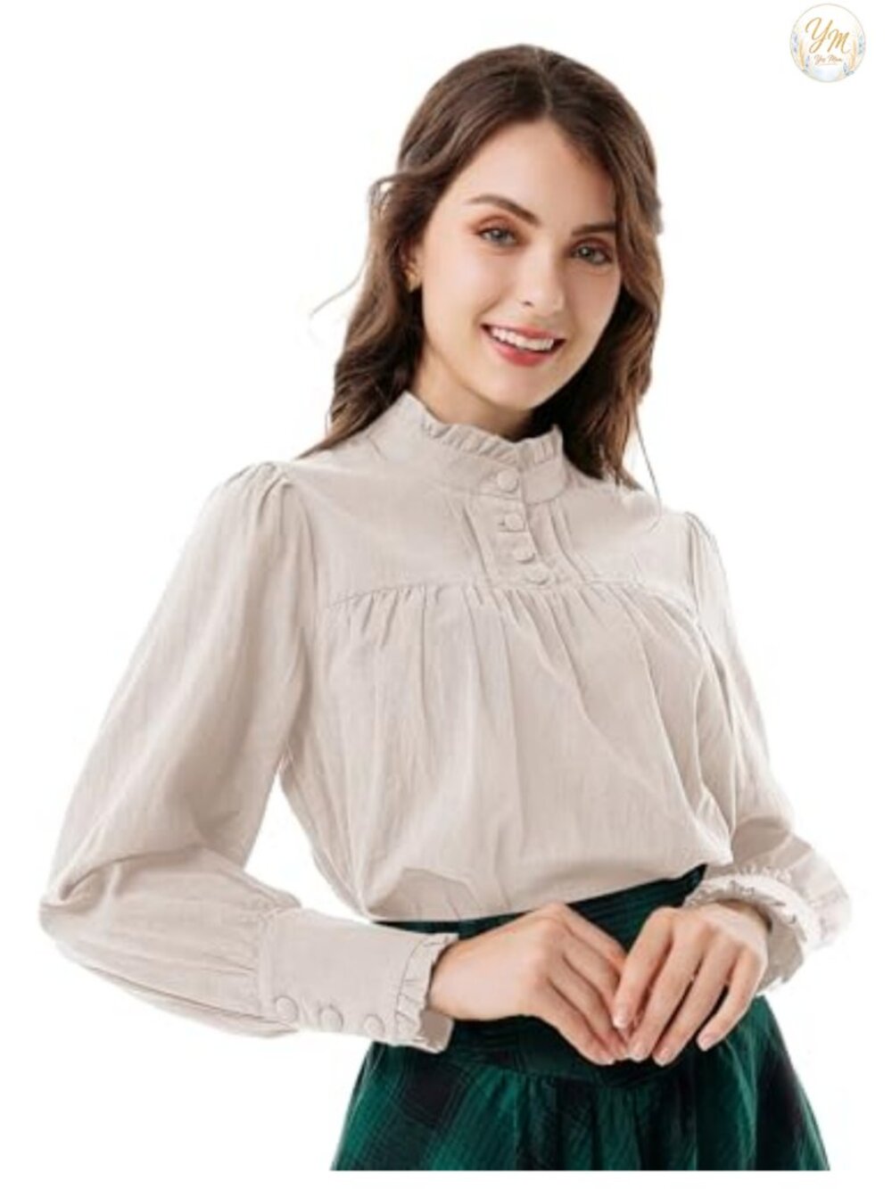 Gothic Victorian Blouse Women Cotton Ruffled Stand Collar Puff Sleeve